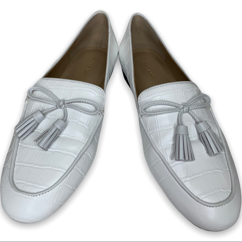 Ann Taylor White Ursula Croco Embossed Leather Tassel Loafers 7.5
